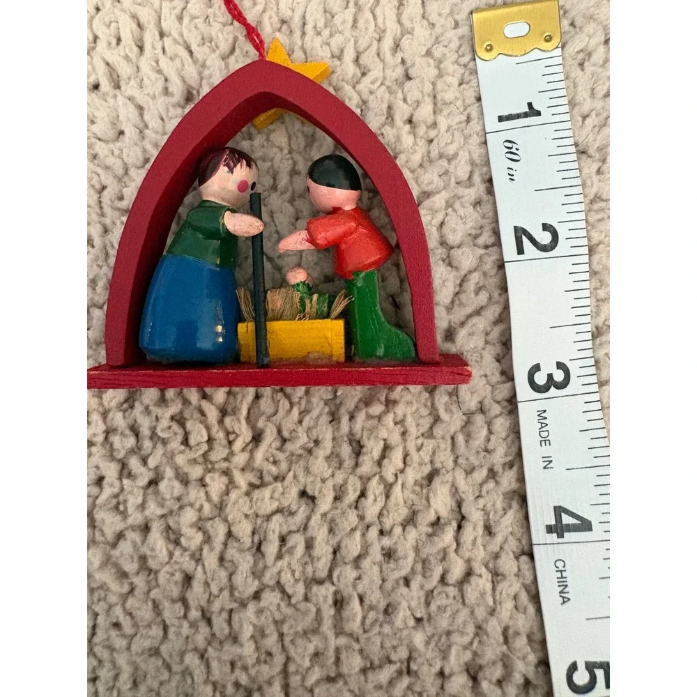 Vintage Wooden Nativity Scene Christmas Ornament Hand Painted Folk Art Religious